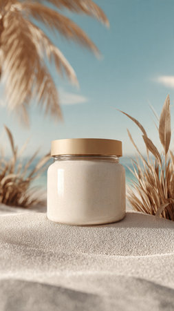 Mockup of a jar of cream on a sandy beach with palm trees in the backgroundの写真素材