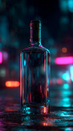 Bottle of alcoholic drink on dark background with colorful lights. Copy space.の写真素材