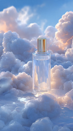 Perfume bottle on the background of blue sky with clouds.の写真素材