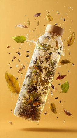 Bottle of herbal tea with falling leaves on yellow background, closeupの写真素材