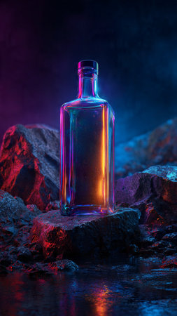 Bottle on the rocks at night. Selective focus.の写真素材