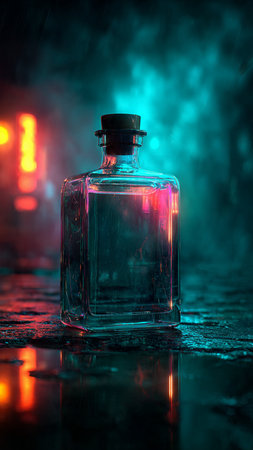 Bottle on dark toned foggy background. Halloween concept. Selective focusの写真素材