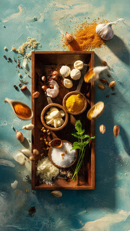 Spices and herbs in wooden bowl on blue background, top viewの写真素材