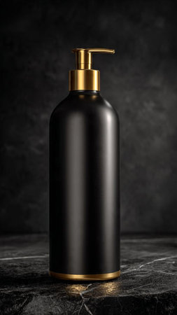 Blank black cosmetic bottle on black marble background. Mock up, 3D Renderingの写真素材