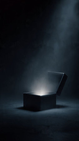 Black box with light coming out of it on a dark background.の写真素材