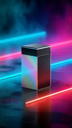 Black box on a dark background with colorful neon lightの写真素材