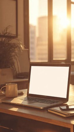 Laptop with blank screen on wooden table in coffee shop at sunsetの写真素材
