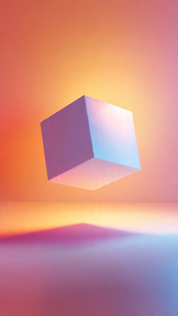 3d rendering of a cube floating in the air on a colorful backgroundの写真素材
