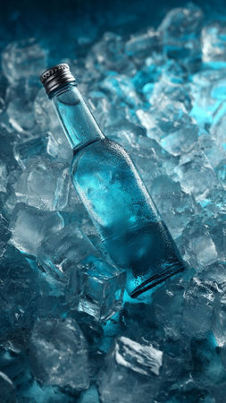 Bottle with ice cubes on blue background, close upの写真素材