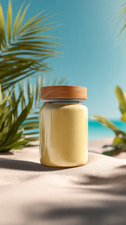 Bottle of cosmetic cream on sand near palm leaf on blue backgroundの写真素材