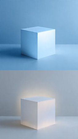 3d render of white and blue geometric podium for product display.の写真素材