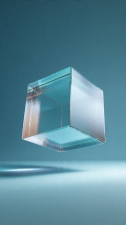 Transparent glass cube on a blue background. 3d render.の写真素材