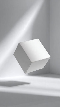 3d rendering of a white cube on a white background with shadowの写真素材