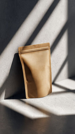 Brown paper bag on concrete background with shadow. Mock up, 3D Renderingの写真素材