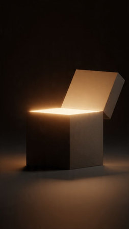 Opened cardboard box on a dark background. 3d rendering.の写真素材