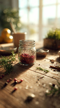 Glass jar with rosemary and spices on wooden table, closeupの写真素材