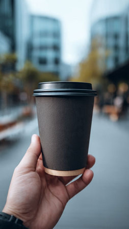 Male hand holding a paper cup of coffee on the background of the cityの写真素材