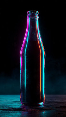 bottle of cola on a black background with blue and red lightの写真素材