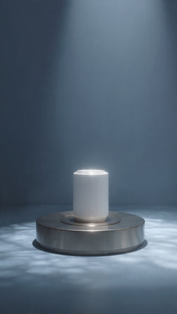 Lit candle on a pedestal in front of a blue backgroundの写真素材