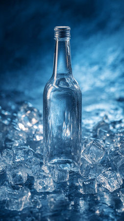 bottle of water with ice cubes on a blue background close upの写真素材