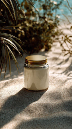 Mockup of a jar of cream on a sandy beach with palm leavesの写真素材