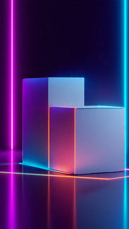 Neon podium for product presentation. Abstract background. 3d renderの写真素材