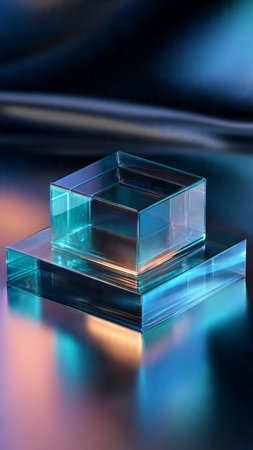 glass cube on a blue background. 3d rendering, 3d illustrationの写真素材