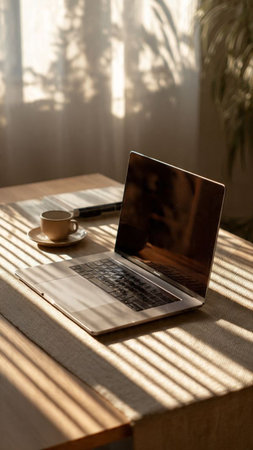 Laptop and cup of coffee on wooden table in morning sunlight.の写真素材