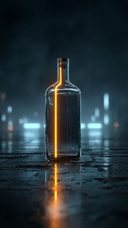 Empty bottle on dark toned foggy background. 3D Renderingの写真素材