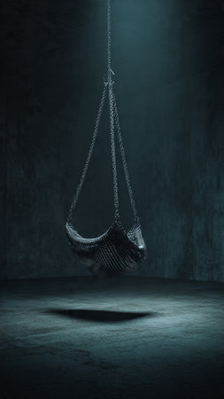 Swing hanging on a rope in dark room. 3D renderingの写真素材