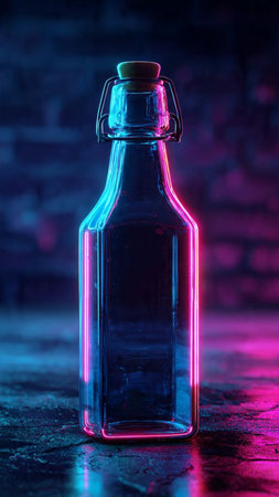 Glass bottle with blue and pink neon light on a dark background.の写真素材