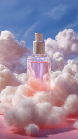 bottle of perfume on a background of fluffy clouds and blue skyの写真素材