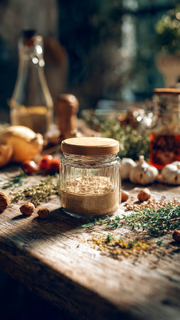 Herbs and spices in a glass jar on a wooden table.の写真素材