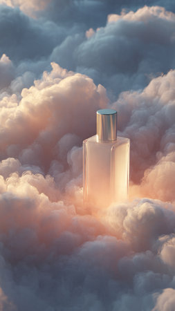 Beautiful perfume bottle in the clouds. 3d rendering, 3d illustration.の写真素材