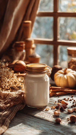 A glass jar with milk on a rustic wooden table next to a window.の写真素材