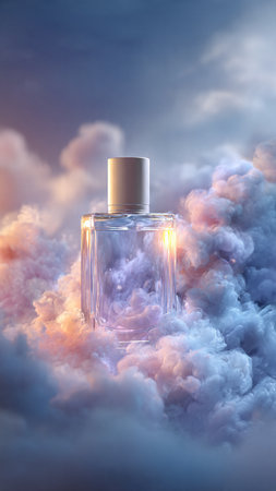 Bottle of perfume on a background of clouds. 3d renderingの写真素材