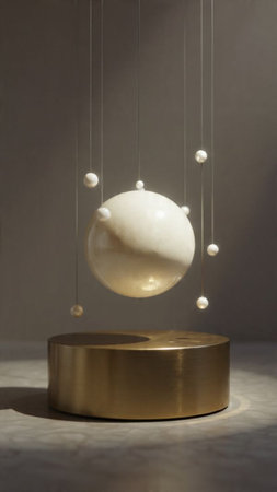 3d rendering of a golden podium with white pearls on itの写真素材