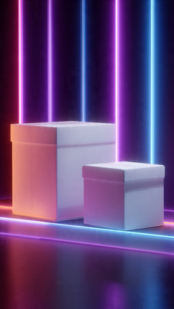 3d render, abstract background, geometric shapes, neon lines, podiumsの写真素材
