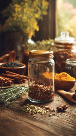 Spices and herbs in a glass jar on a wooden table.の写真素材