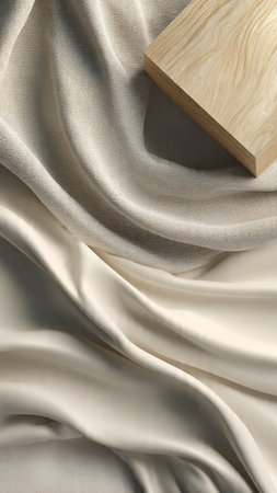 Wooden podium on beige silk background. 3d render illustrationの写真素材