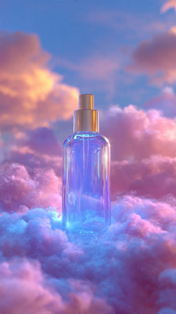 Perfume bottle on clouds background. 3d render illustration.の写真素材