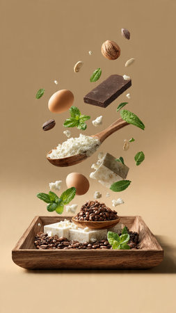 Coffee beans, nuts and chocolate falling in a wooden bowlの写真素材