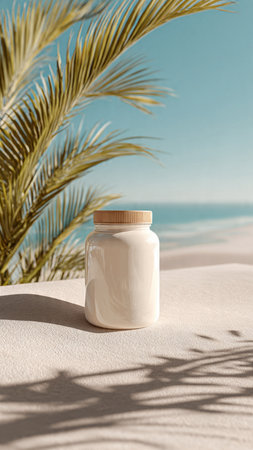 Mockup of a jar of cream on the beach with palm leaves.の写真素材