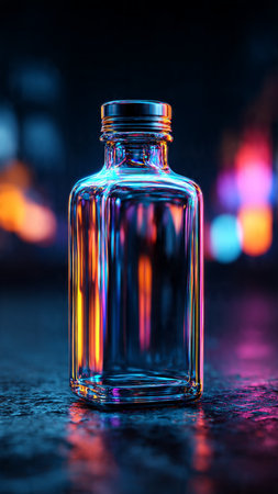Empty glass bottle on dark background with bokeh lights, close upの写真素材