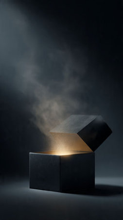 3d rendering of a black box with a golden light coming out of itの写真素材