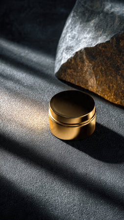 Cosmetic cream in a gold jar on a dark background with shadowの写真素材