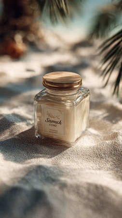 Jar of perfume on sand with palm branch in sunlight, closeupの写真素材