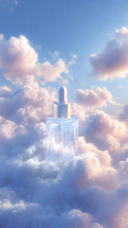 Perfume bottle on blue sky with clouds. 3d illustrationの写真素材