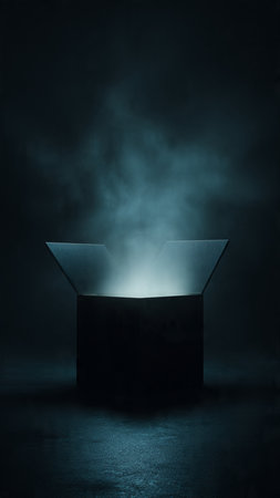 Empty pedestal in dark room with smoke. 3D Renderingの写真素材