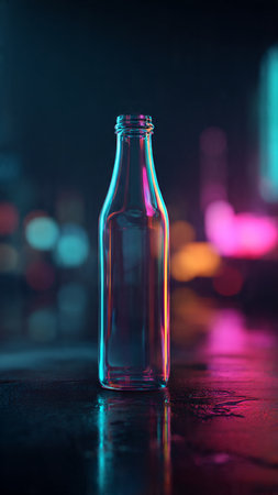 Empty glass bottle on a dark background with city lights and reflections.の写真素材
